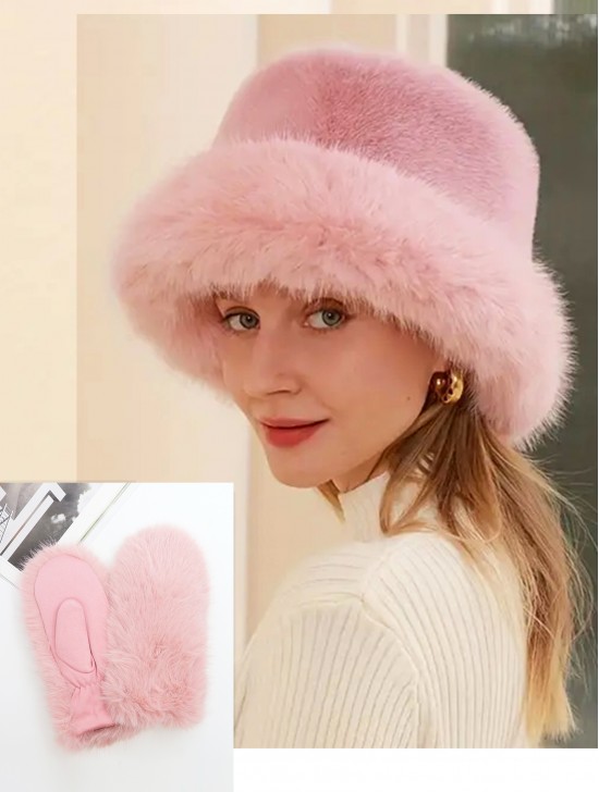 Solid Colour Fuzzy Hat with Brim and Mitten Set (HAT1338BK + GL128706LPK)
